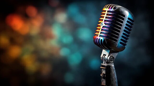 Vintage microphone illuminated by colorful lights with bokeh background