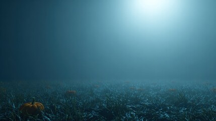 Ethereal Blue Fog Over Pumpkin Field with Green Grass and Mysterious Light in the Night Sky