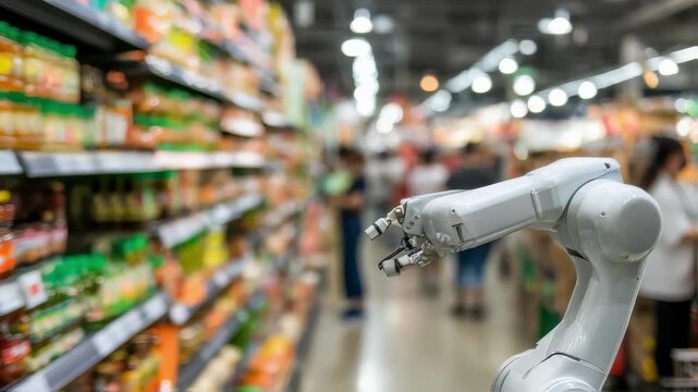 Medium shot of a robotic picker equipped with sensors selecting products amidst blurred industrial shelves focusing on precision in stock management.