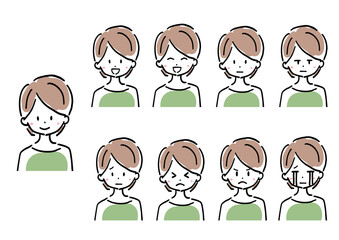 女性のイラスト　表情バリエーションセット