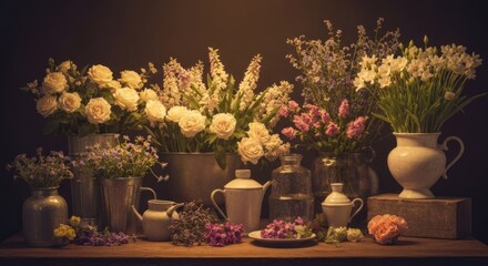 Still life of various flowers in vintage-style vessels on a wooden table