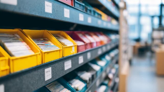 Rows of plastic bins with labels are perfectly aligned on metal shelves, suggesting efficient organization. The background features a blurred office or library space filled with natural light