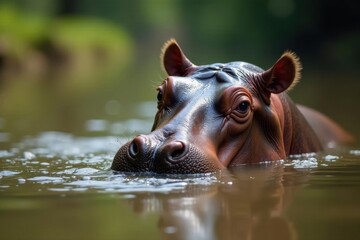 Submerged hippopotamus wallowing in muddy water, sun, hippo, mud