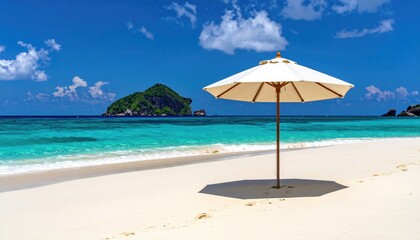 Tropical Beach with White Sand and Turquoise Water Under Blue Sky with Clouds in Pixelated Style