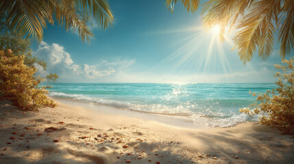 Fototapeta premium Golden sunlight on tropical beach with soft gradient sky and empty space