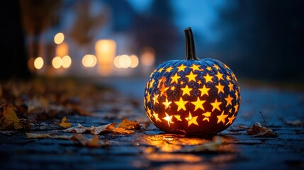 Bright Star-Emblazoned Pumpkin Illuminates a Misty Pathway on Halloween Evening Surrounded by Autumn Leaves and Soft Glowing Lights