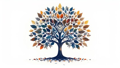Abstract Tree with Colorful Leaves on White Background Artistic Depiction Elegant Simplicity Growth Symbolism Blue Orange and Brown Palette