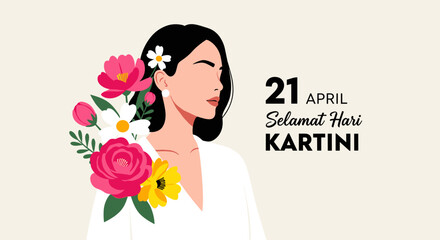 Hand Drawn Illustration of a Proud Indonesian Lady with Flowers - 21 April Inspiring Equality and Independence