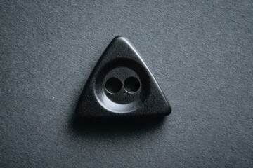 Close-up of a dark triangular button with two holes