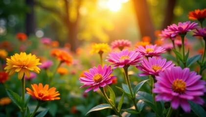 Sun-drenched asters and vibrant blooms in a flourishing garden , nature, beauty, botany