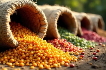 Sun-drenched mounds of colorful grains and legumes spill from burlap sacks , agricultural, lentils