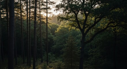 Obraz premium Sunlight filtering through a dense forest