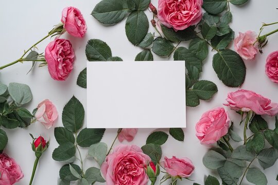Overhead shot of a blank card surrounded by pink roses and green leaves on a white surface