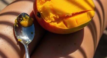 Close-up of a person holding a ripe mango and a spoon, with sunlight creating striped shadows on their skin, highlighting the vibrant fruit.
