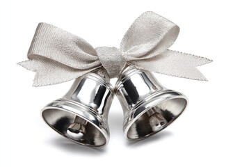 Two silver bells tied with a light gray ribbon bow, presented against a plain white background