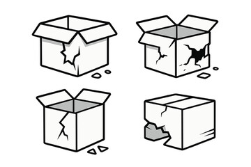 Broken box line icon set. Damaged cardboard package vector cartoon. Fragile delivery, shipping problem concept. Carton waste, trash. Return, loss, defective goods symbol.