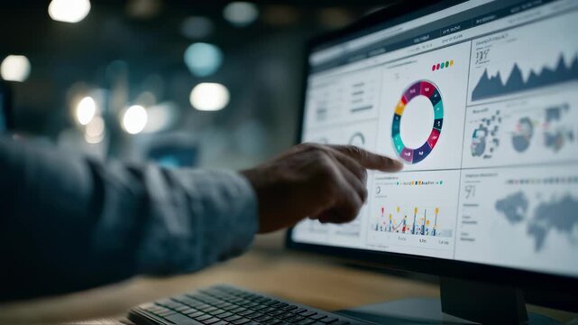 Close medium shot showing a data scientist pointing at an AIdriven demand forecasting dashboard with the remaining workspace softly blurred illustrating enhanced accuracy in supply