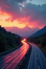 Sunset paints city skyline, asphalt highway winds towards green mountains , roadtrip, color, photo