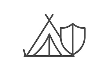 Camping safety icon. Travel insurance symbol. Secure shelter, protected home, safe tourism. Outdoor adventure defense. Metaphor for refugee protection, humanitarian aid camp.