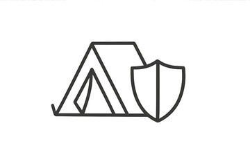 Camping safety and travel insurance concept. Tent with shield icon representing outdoor adventure protection and secure shelter. Tourism and hiking security symbol for web design.