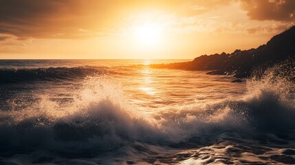 Obraz premium A dramatic sunset over the ocean with waves crashing on the shore.