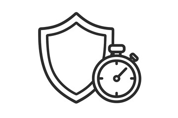 Time protection icon. Security period, warranty, limited offer concept. Fast security symbol. Shield and stopwatch timer. Defense, safety, deadline. Reliability and durability.