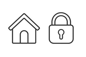 Home security and protection concept with house and padlock icons. Vector line art symbols for safety, real estate, and secure property. Quarantine or lockdown pictogram set.