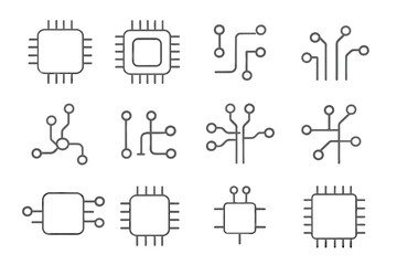 Chip line icon set. Microchip, processor, cpu, mainboard and circuit board. Tech. Technology, electronics and hardware concepts. Minimal vector pictogram with editable stroke.