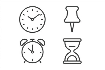 Time management vector icon set. Clock, alarm, hourglass, pushpin symbols. Metaphor for deadline, schedule, reminder, appointment. Thin line art for web and app design.