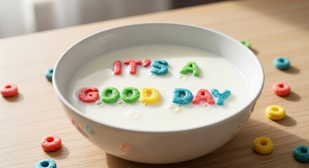Colorful Cereal Letters Floating in Milk Bowl on Wood Surface: "