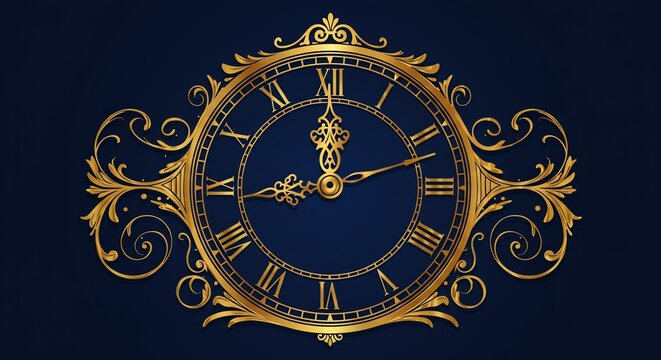 Antique gold clock face on dark blue background