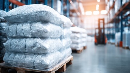 Stacked Bags of Goods in Warehouse with Forklift and Industrial Shelving Amid Bright Warm Lighting