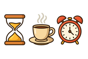 Cartoon Line Icon Set of Time Concepts and Daily Routine Symbols with Hourglass, Coffee Break, Alarm Clock, Vector Illustrations for Apps and Graphics with Transparent Background