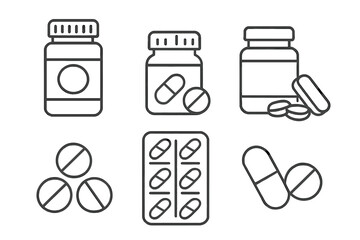 Medical pills thin line icon set. Pharmacy drug, tablet, capsule, vitamin bottle. Healthcare vector illustration. Medicine linear symbol pack editable stroke for web, apps.