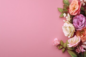 Pastel roses and greenery arranged on a pink background, space for text