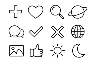 Basic interface thin line icon set. Universal UI linear symbols for web design, mobile app. Like, search, chat, planet, check, cross, globe, image, thumbs up, sun, moon signs.