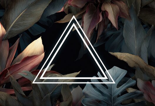 Overlapping triangles against a dark background of layered, textured foliage