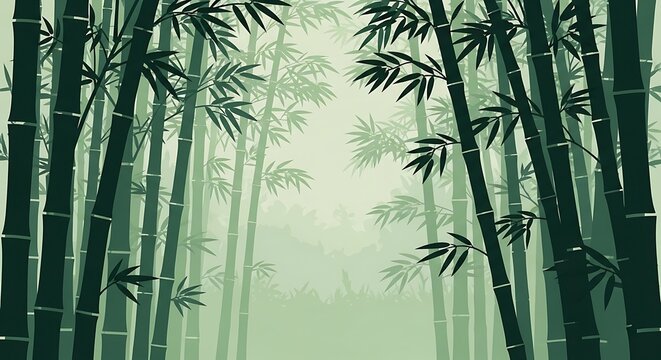 Serene Bamboo Forest Illustration with Soft Green Hues and Tranquil Atmosphere