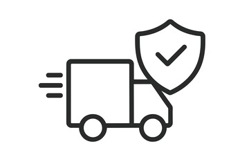 Safe delivery truck icon with a security shield checkmark. Insured shipping and logistics concept. Fast transport guarantee symbol. Protected parcel cargo service vector for web.