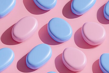 Abstract repeating pattern of pastel pink and blue egg-shaped objects on a pink surface