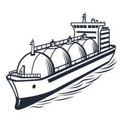 Stylized illustration of a large cargo ship with spherical tanks sailing on wavy water