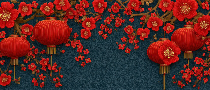 Glowing red lanterns hang from flowering tree branches under a wide night sky