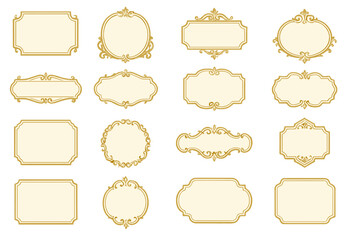 Big set of golden vintage ornamental frames and retro labels. Luxury vector collection of elegant badges, borders, and decorative elements for invitation or certificate design.