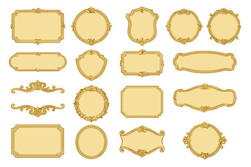 Big set of golden vintage ornamental frames. Luxury retro badge elements and classic labels. Vector illustration with elegant rococo and baroque borders for decoration.