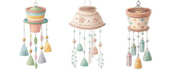 Charming handcrafted wind chimes with delicate pastel colors evoke a sense of peaceful tranquility and whimsical charm, perfect for home decor accents