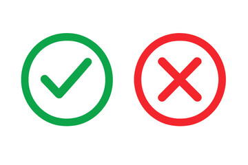 Green check mark and red cross vector icon set. Tick and X symbols for approve and reject decision. Yes or no vote buttons. Right and wrong signs for evaluation concept.