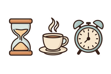 Time management icons bundle with hourglass, steaming coffee cup, alarm clock for graphics, apps, and concepts. Vector cartoon illustration of hourglass timer, coffee break, and classic alarm clock.