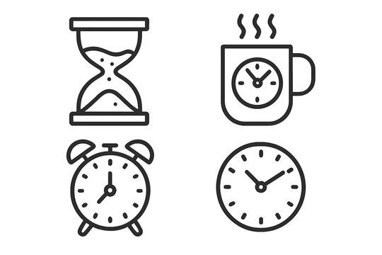 Time icon collection with hourglass, coffee break cup with clock, vintage alarm clock, round wall clock, time management symbols, deadline, focus, productivity concepts, vector cartoon illustration