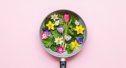 Colorful Spring Flowers Arranged in a Frying Pan on Pink Backgro