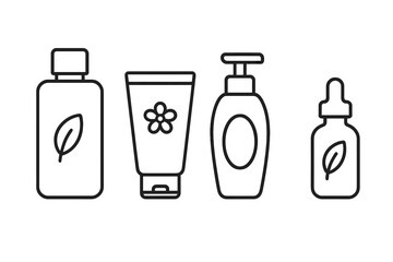 Cosmetic bottle thin line icon set. Skincare and beauty products. Natural organic cosmetics concept. Vector illustration of shampoo, cream tube, soap dispenser, and serum dropper.